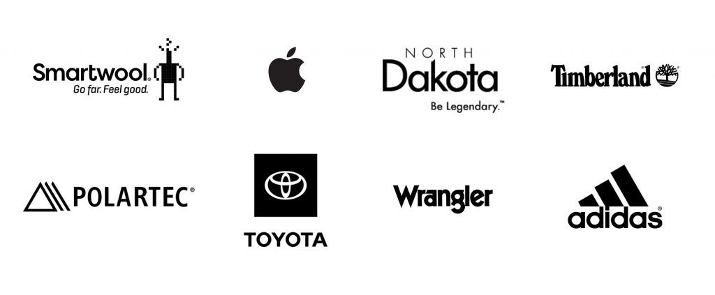 Client logos for Smartwool, Polartec, Apple, Toyota, ND Tourism, Timberland, Wrangler, and Adidas
