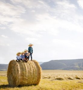 Young Farmers On A Hay Bail In The Field.
