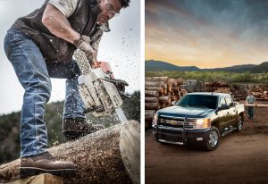 An American-made Chevrolet Truck is a Part of the Modern Logging Industry in the West. Workers Wear Safety Goggles, Gloves and Timberland Boots.