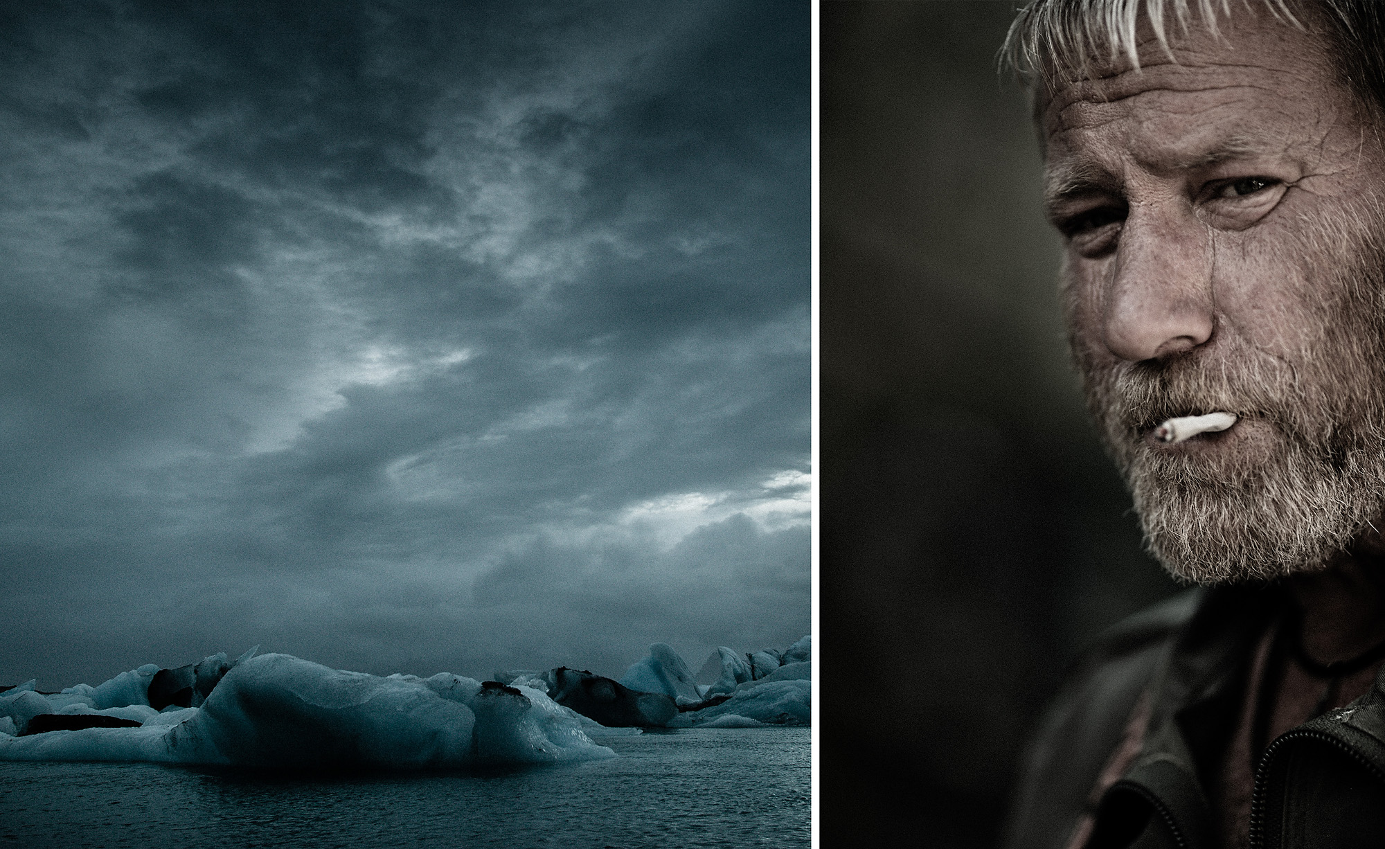 Powerful Grays and Blues of Icebergs Contrast with the Monochromatic Image of a Rugged Deep Sea Fisherman in Iceland.