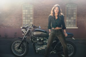 Female model on vintage motorcycle for high end fashion shoot with EOS R camera
