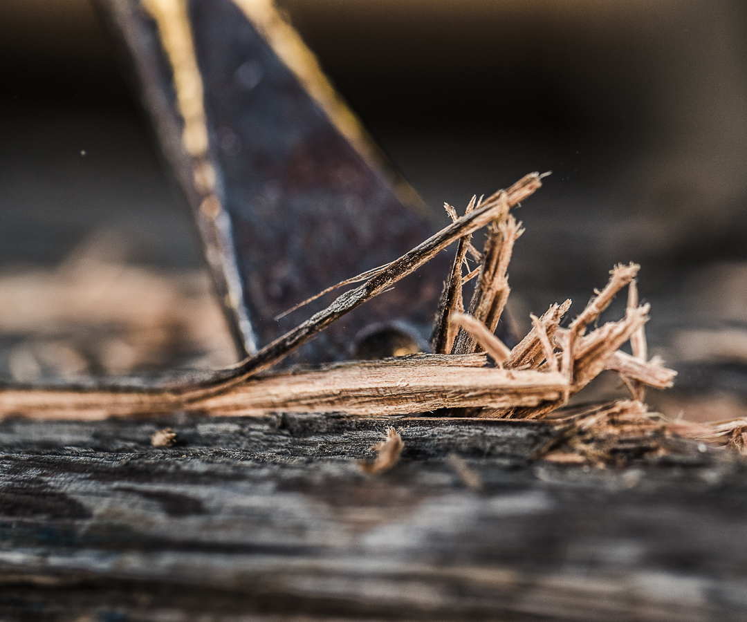 detail of work on reclaimed timber at timber mill in Colorado.