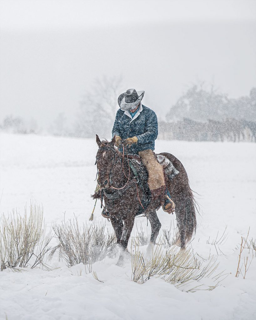 A lone cowboy sits on his horse during a snowstorm in Colorado