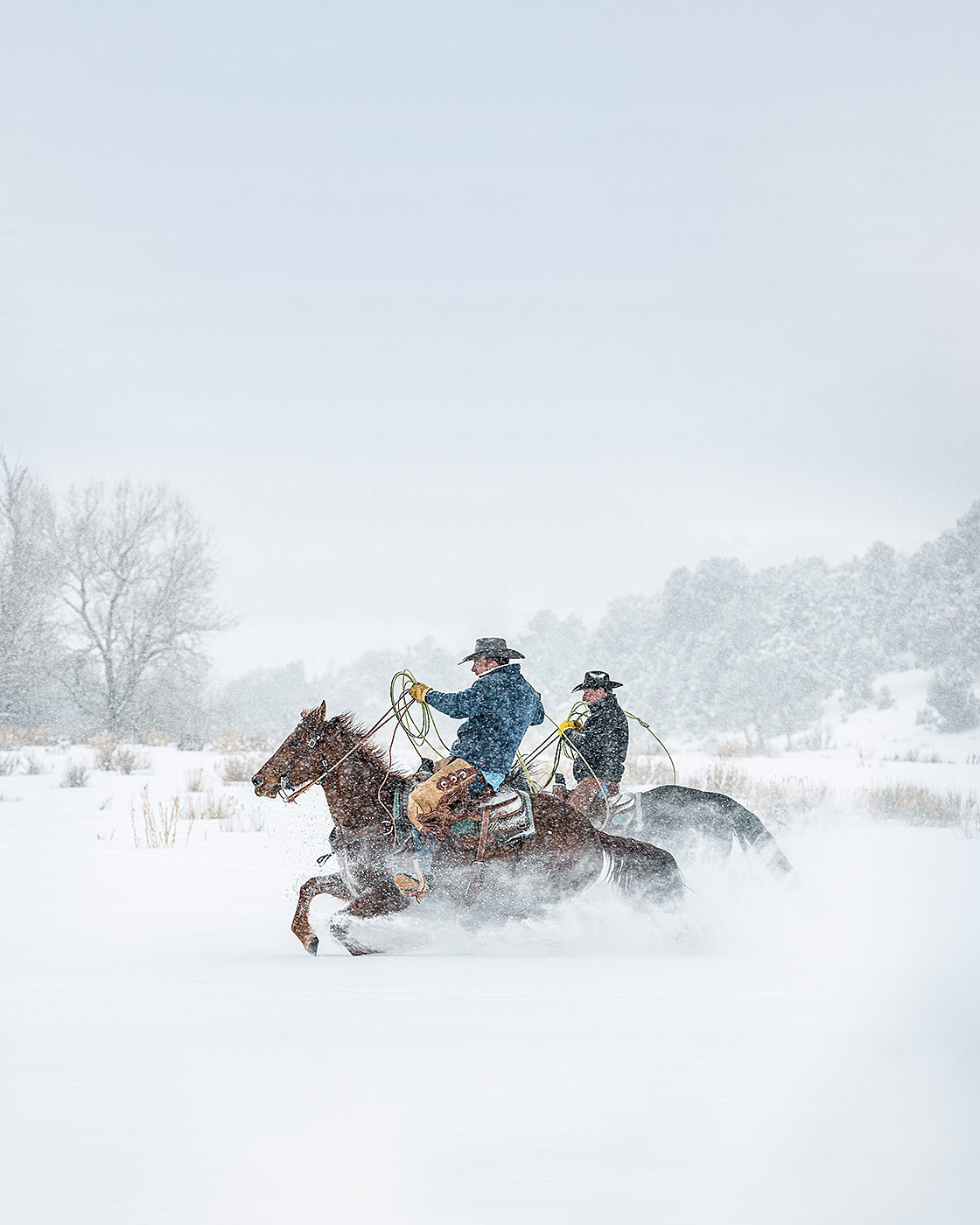 Cowboys on horses gallop through a snowstorm
