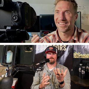 Tyler and Jay Hill talk to their respective cameras while recording an episode of the Out Here In The Middle podcast.